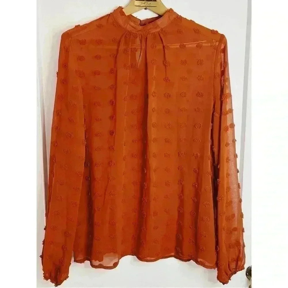 SHEIN Orange Blouse with Pom Poms and a Singapore Collar Size Lg.